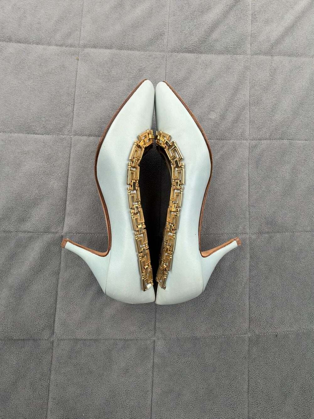 Gianni Versace Leather Gold Greek Key Accent Pumps Light Blue EU 36.5 / US 6